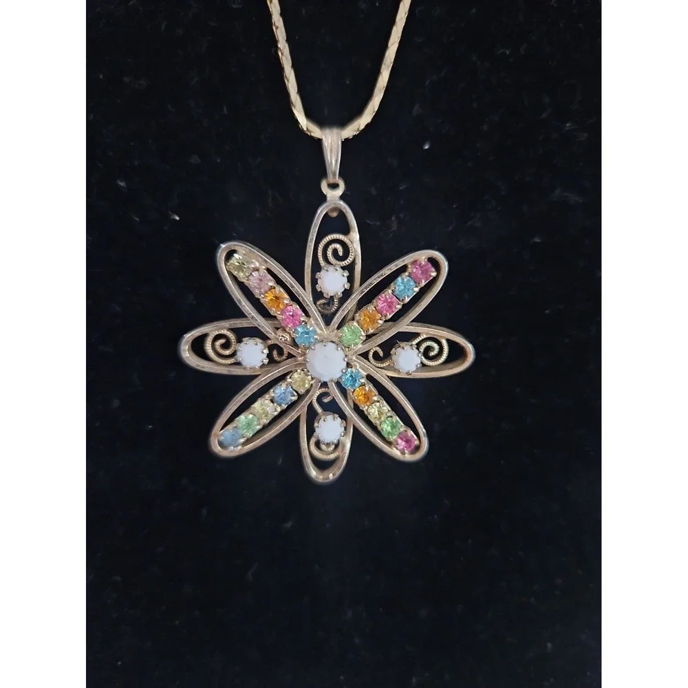 Vintage Mid Century Floral Pendant Rhinestones White Glass Filagree Unmarked